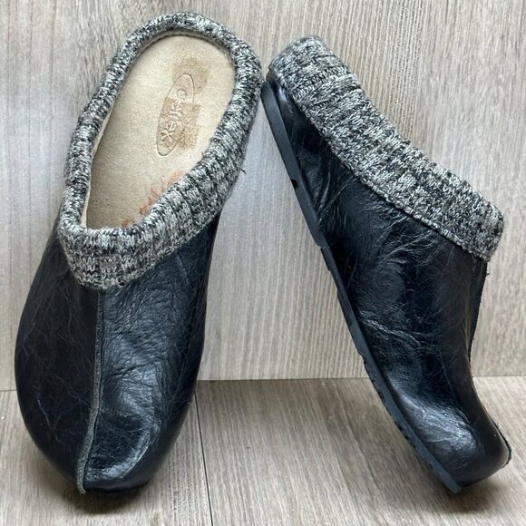 Aetrex Krista Clog Shoes Women Sz 6 Genuine Leather Knit Trim Mule Slip On Black - Picture 8 of 13